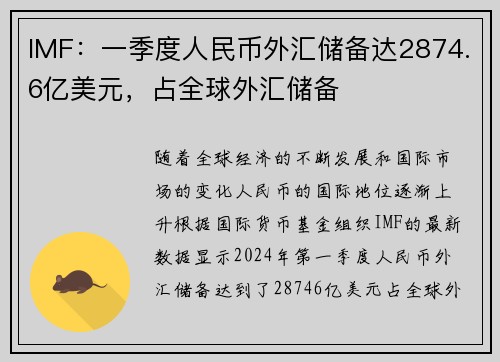 IMF：一季度人民币外汇储备达2874.6亿美元，占全球外汇储备