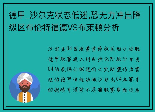 德甲_沙尔克状态低迷,恐无力冲出降级区布伦特福德VS布莱顿分析