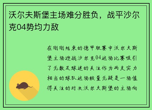 沃尔夫斯堡主场难分胜负，战平沙尔克04势均力敌