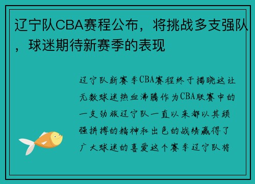 辽宁队CBA赛程公布，将挑战多支强队，球迷期待新赛季的表现