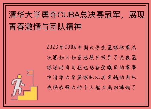 清华大学勇夺CUBA总决赛冠军，展现青春激情与团队精神