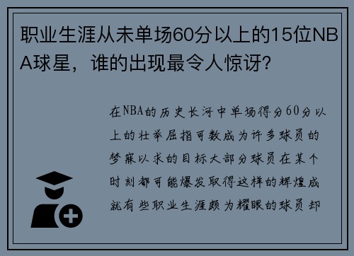 职业生涯从未单场60分以上的15位NBA球星，谁的出现最令人惊讶？